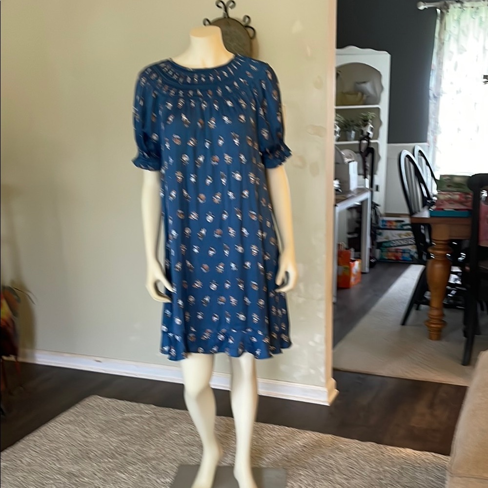 LOFT Blue and White Puff Sleeve Mini Sundress